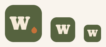 The Watered icon at three sizes; below 60px the droplet is omitted