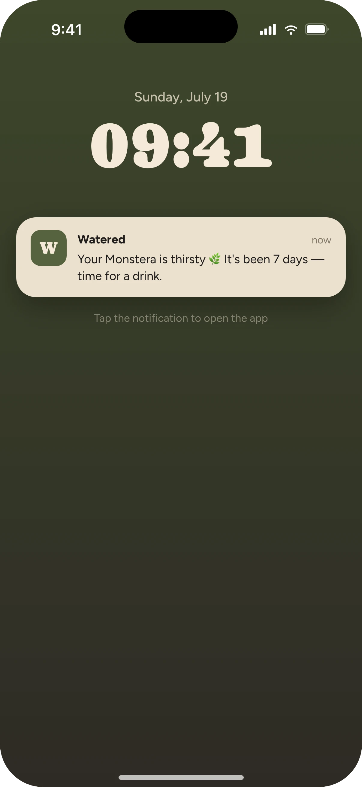 Watered app lock-screen notification reminding the user that a plant is thirsty