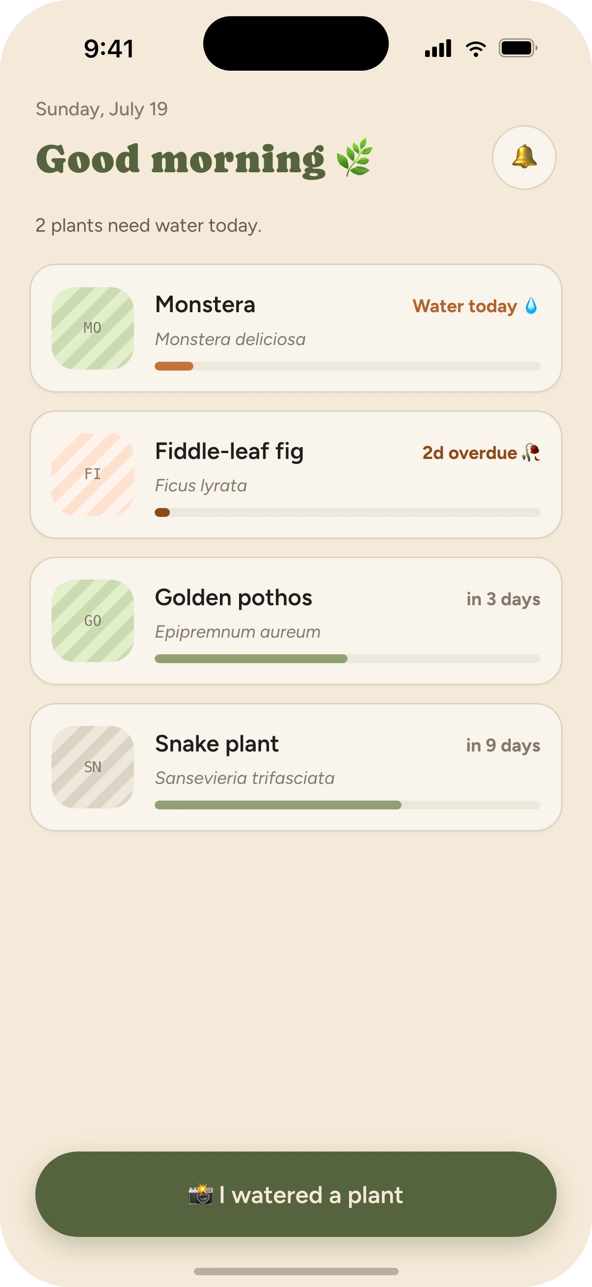 Watered app home screen listing four plants with the days until each needs water